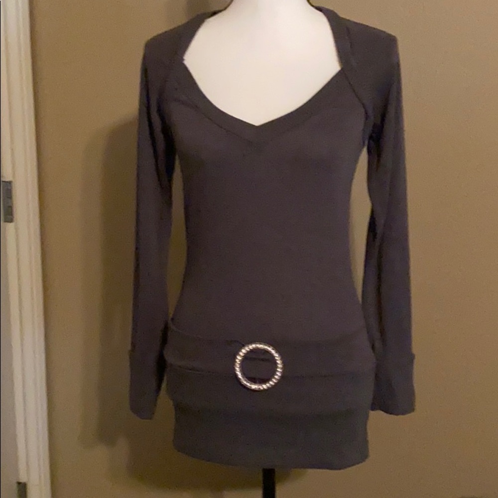 Gray Sweater with Jewel Ring at Waist